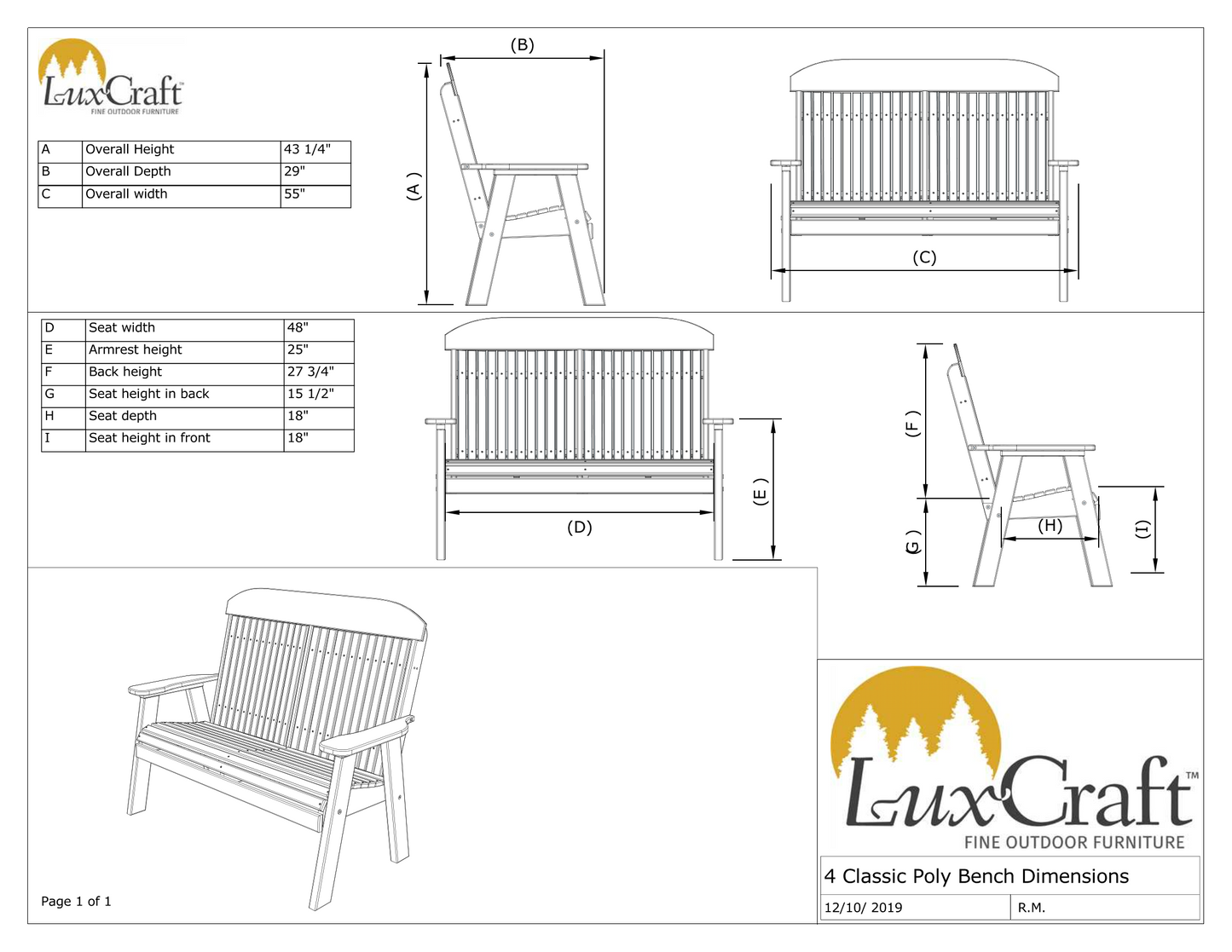 LuxCraft Classic Highback Recycled Plastic 4ft Bench  - LEAD TIME TO SHIP 10 to 12 BUSINESS DAYS