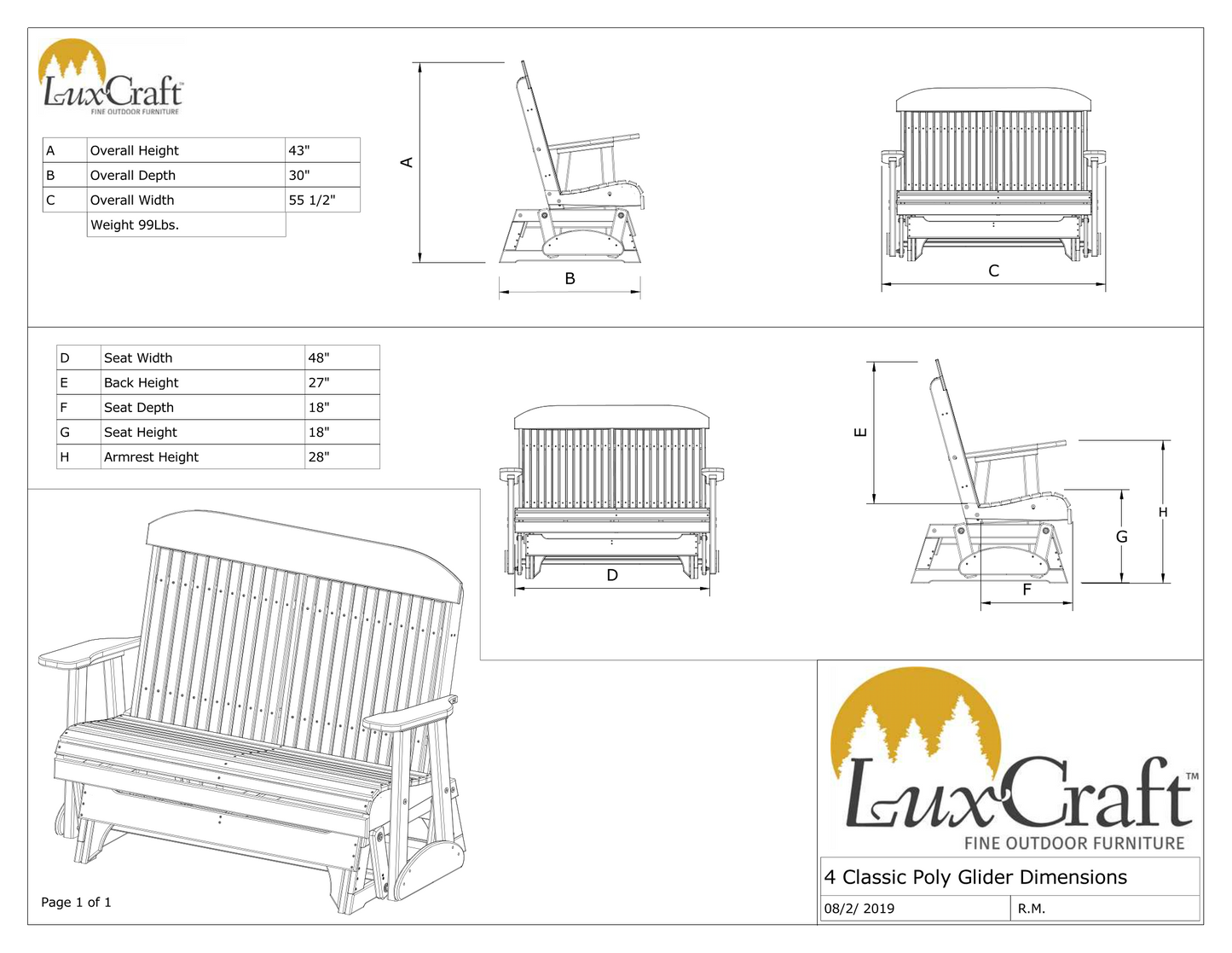 LuxCraft Classic Highback 4ft. Recycled Plastic Patio Glider  - LEAD TIME TO SHIP 7 BUSINESS DAYS OR LESS