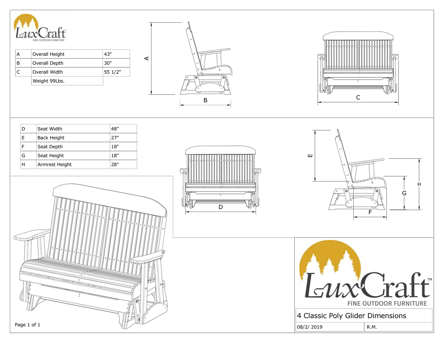 LuxCraft Classic Highback 4ft. Recycled Plastic Patio Glider  - LEAD TIME TO SHIP 10 to 12 BUSINESS DAYS