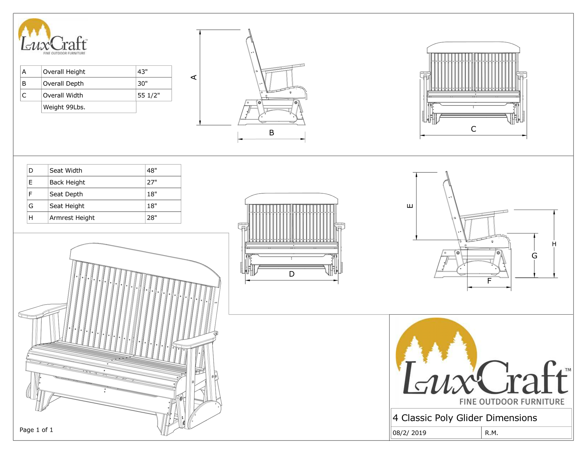 LuxCraft Highback 4ft. Outdoor Glider Patio Glider Bench Rocking