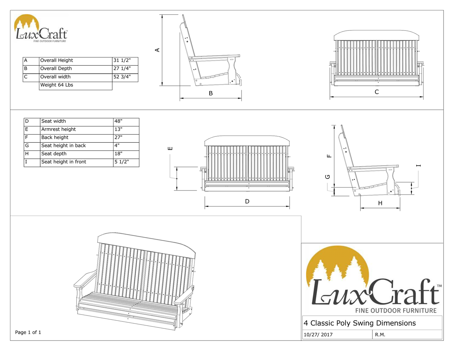 LuxCraft Classic Highback 4ft. Recycled Plastic Porch Swing  - LEAD TIME TO SHIP 7 BUSINESS DAYS OR LESS