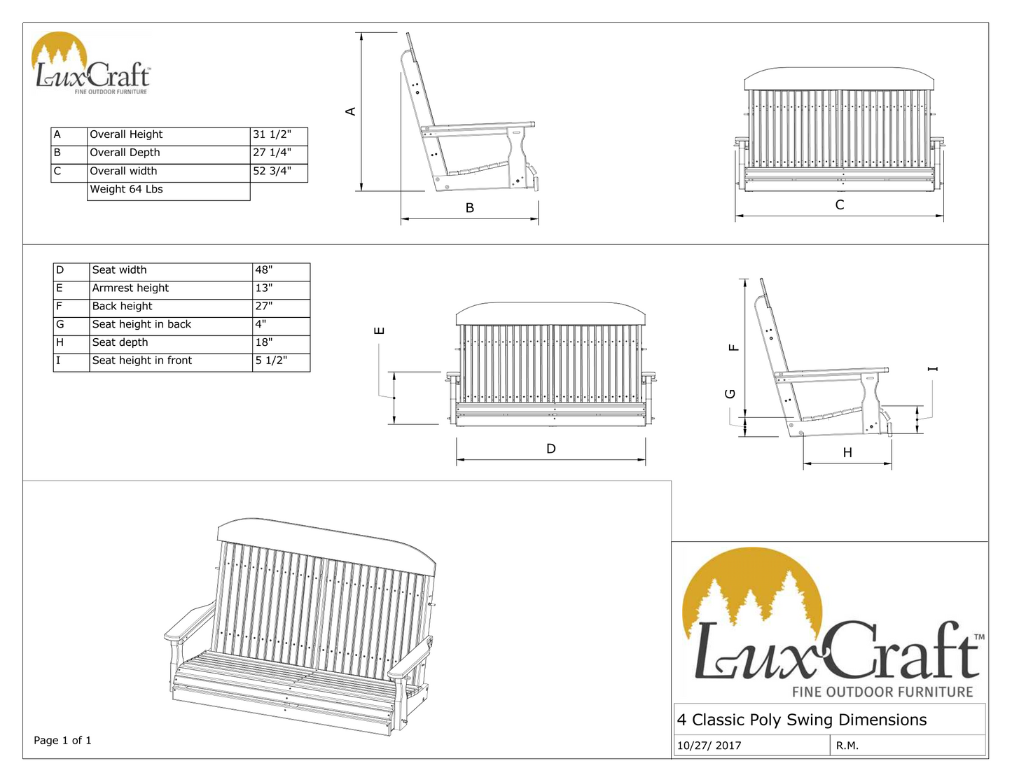 LuxCraft Classic Highback 4ft. Recycled Plastic Porch Swing  - LEAD TIME TO SHIP 10 to 12 BUSINESS DAYS