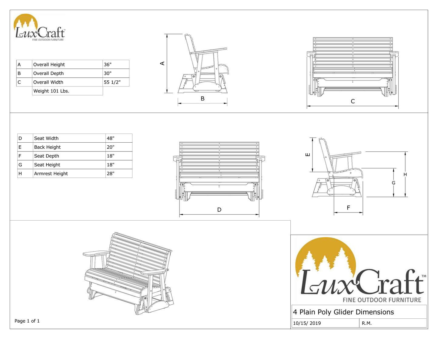 LuxCraft Rollback Recycled Plastic 4ft. Plain Patio Glider - LEAD TIME TO SHIP 10 to 12 BUSINESS DAYS