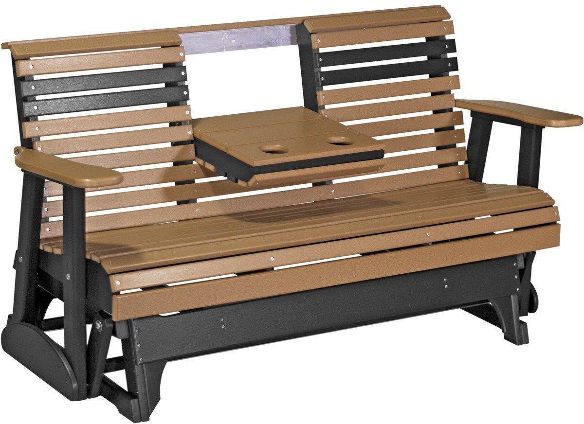 LuxCraft Rollback Recycled Plastic 5ft. Patio Glider with Flip Down Center Console - Rocking Furniture