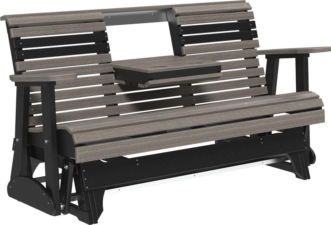 luxcraft 5ft rollback recycled plastic patio glider with flip down center console coastal gray on black