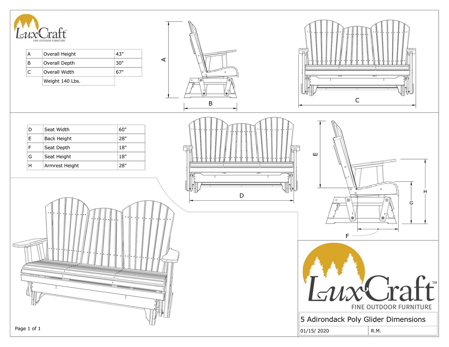 poly 5' adirondack glider chair dimensions page