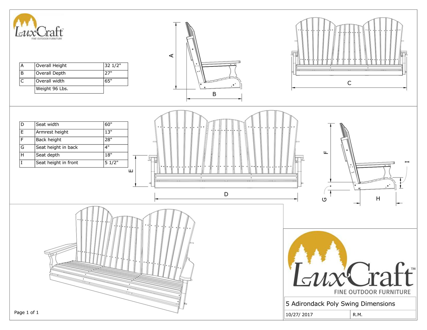 LuxCraft Adirondack 5ft. Recycled Plastic Porch Swing with Flip Down Center Console Spec Sheet