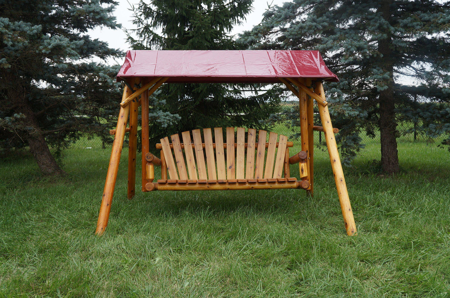5ft varnished lawn swing with burgundy canopy