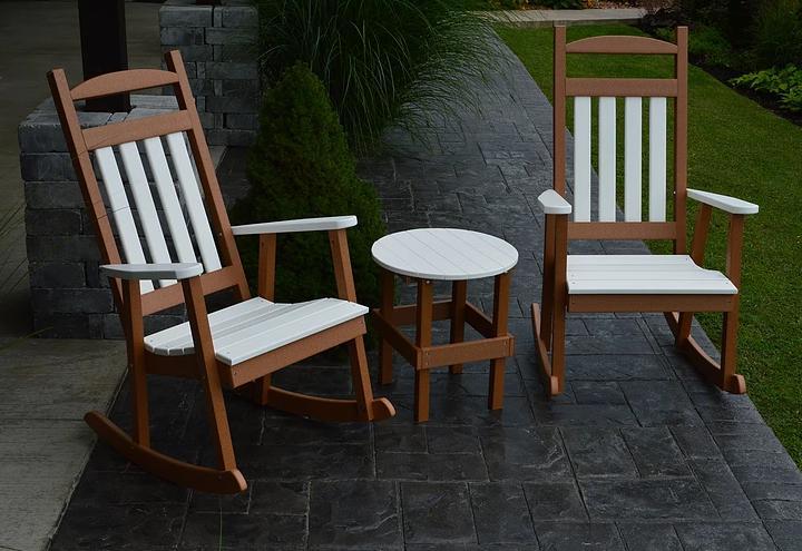 A&L Furniture Company Recycled Plastic 3 Piece Porch Rocking Chair Set w White Accents - LEAD TIME TO SHIP 10 BUSINESS DAYS