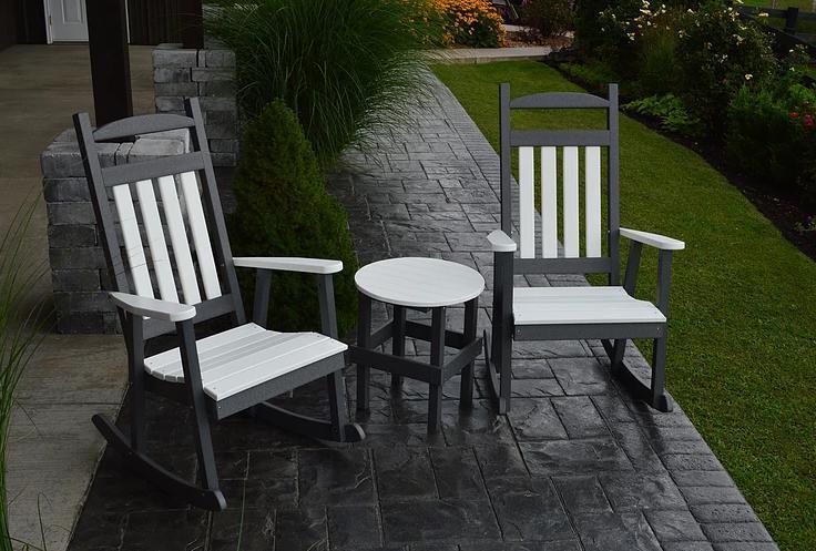 A&L Furniture Company Recycled Plastic 3 Piece Porch Rocking Chair Set w White Accents - LEAD TIME TO SHIP 10 BUSINESS DAYS