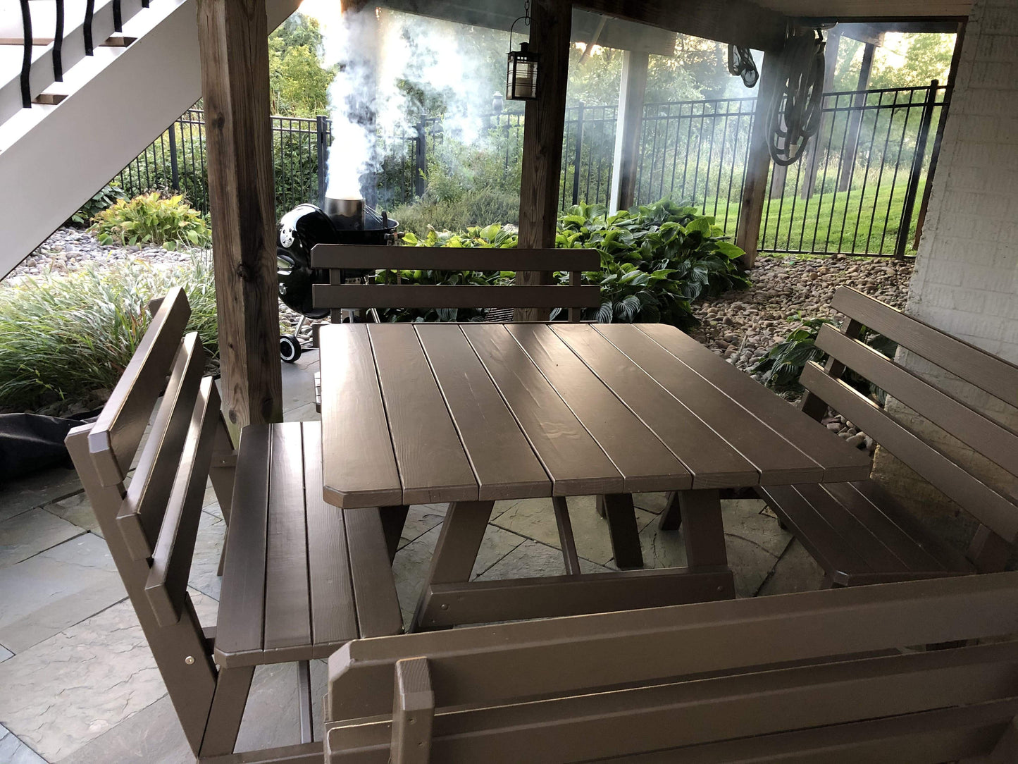 A&L Furniture Co. Yellow Pine 43" Sq. Table w/ 4 Backed Benches - Specify for Umbrella Hole - LEAD TIME TO SHIP 10 BUSINESS DAYS