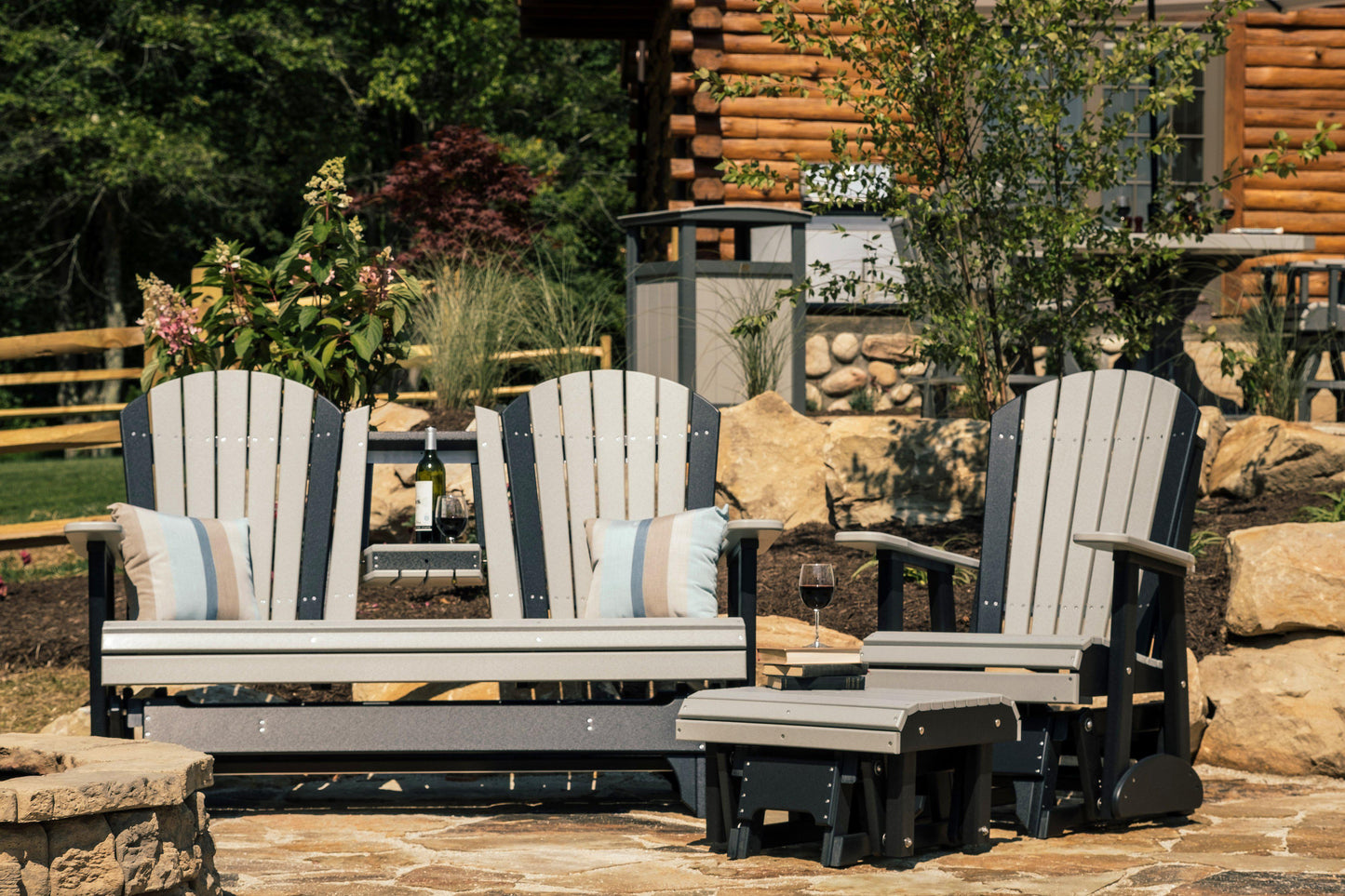 luxcraft recycled plastic 2' adirondack glider chair weatherwood on black set