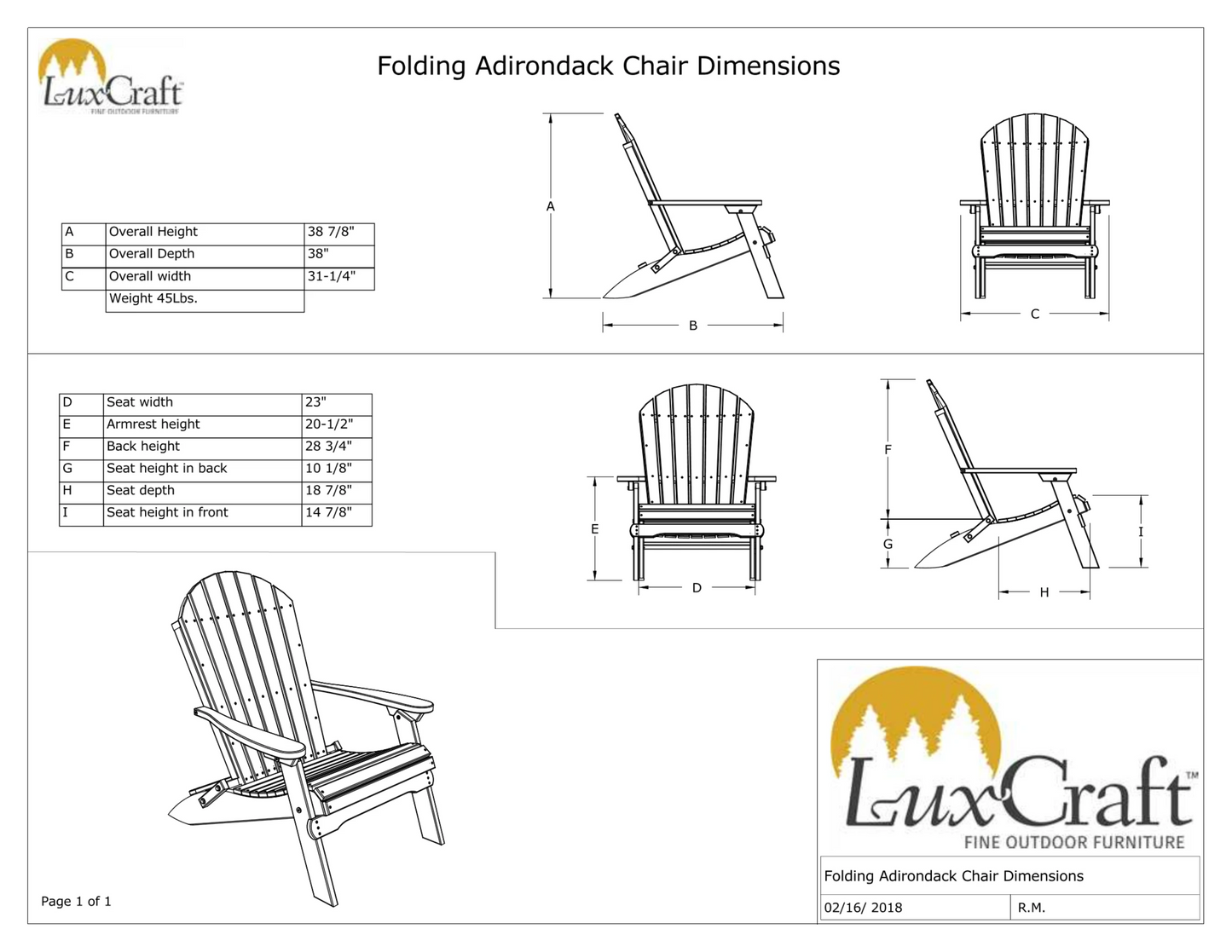 LuxCraft Recycled Plastic Folding Adirondack Chair  - LEAD TIME TO SHIP 10 to 12 BUSINESS DAYS
