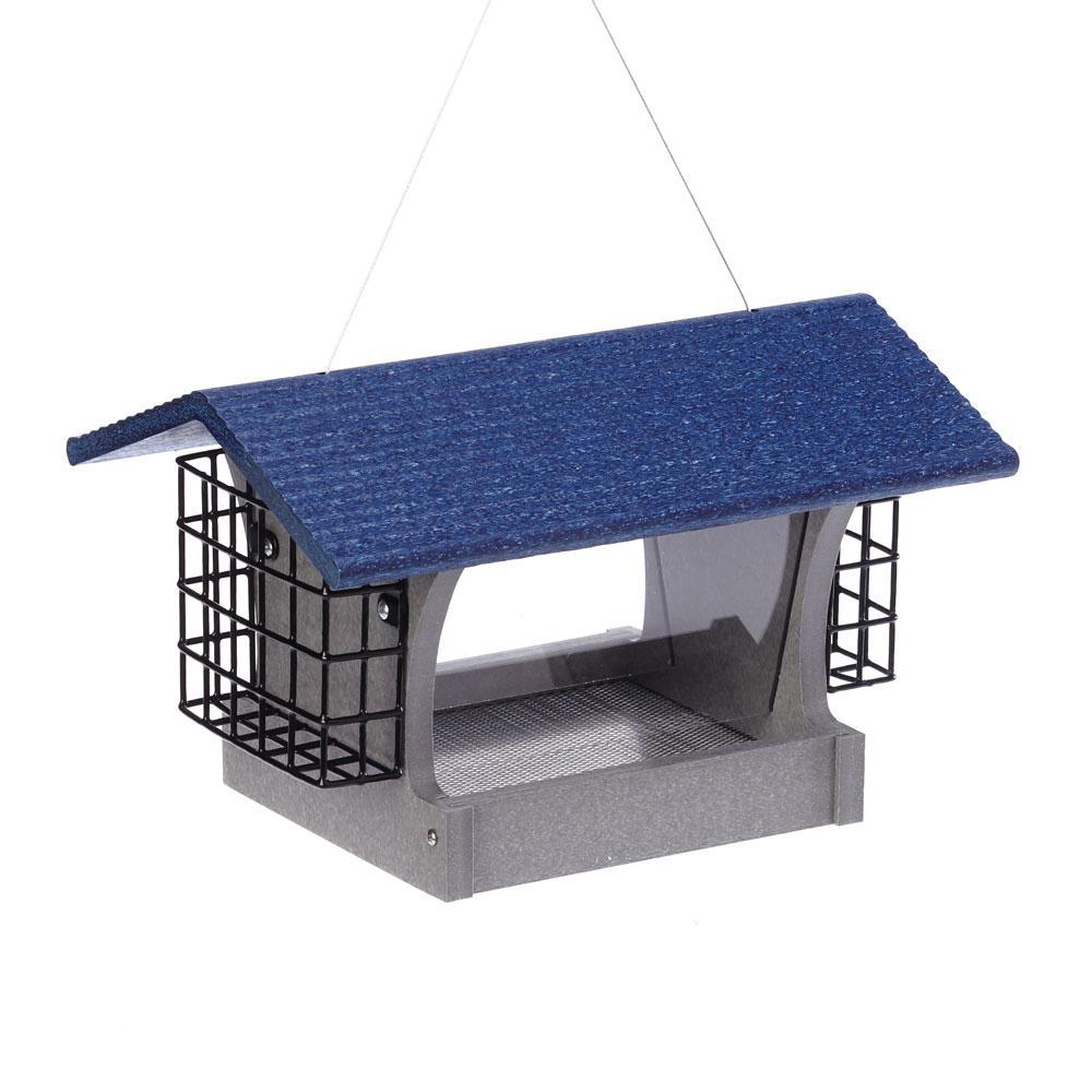 Green Solutions Recycled Plastic Hopper Feeder With Suets Gray With Blue Roof Medium 3 Quart - Ships Within 7 to 10 Business Days