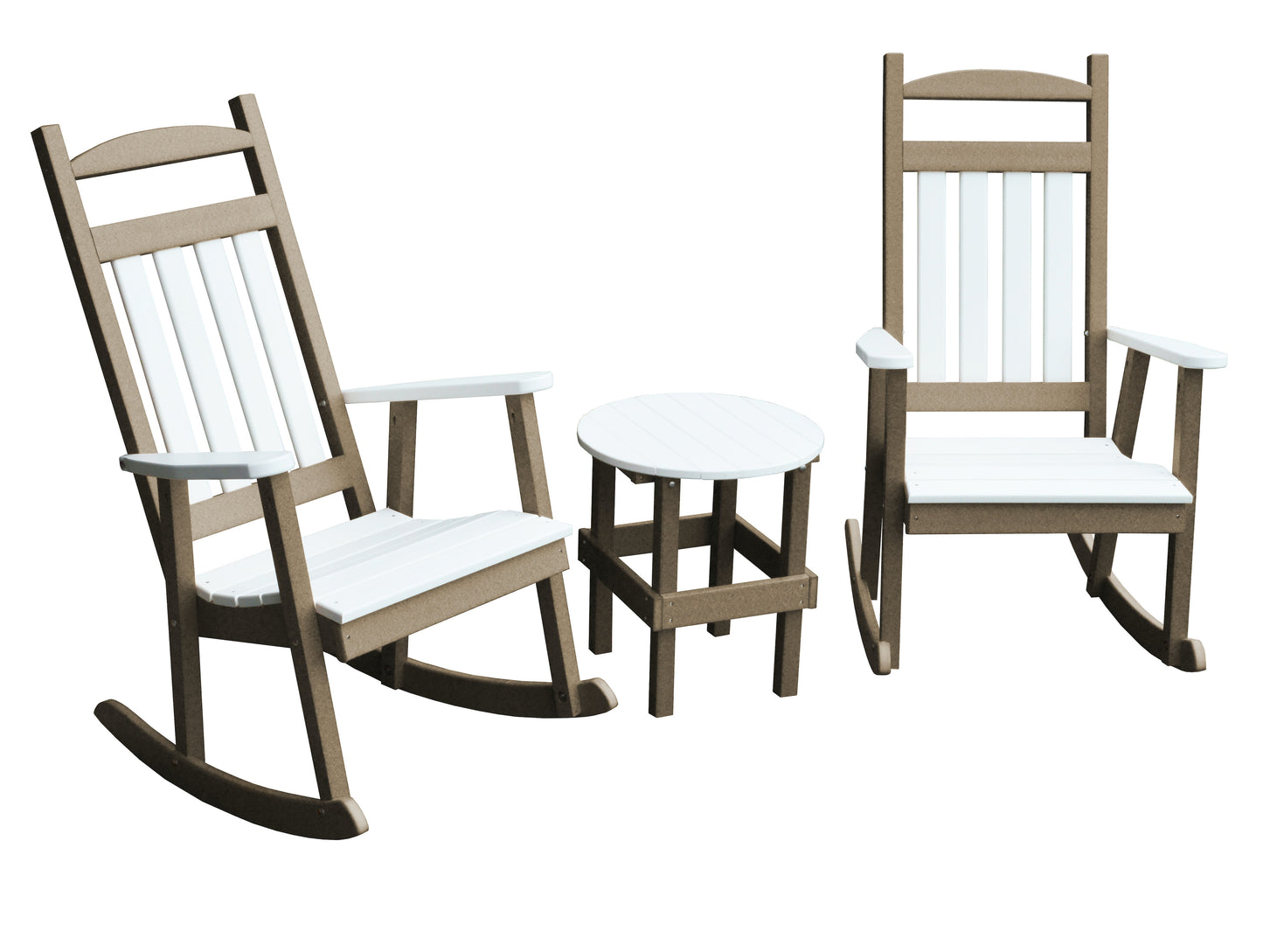 Bryton Park Recycled Plastic 3 Piece Porch Rocking Chair Set w White Accents - LEAD TIME TO SHIP 10 BUSINESS DAYS