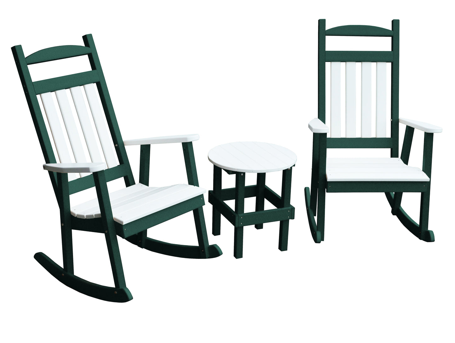 A&L Furniture Company Recycled Plastic 3 Piece Porch Rocking Chair Set w White Accents - LEAD TIME TO SHIP 10 BUSINESS DAYS