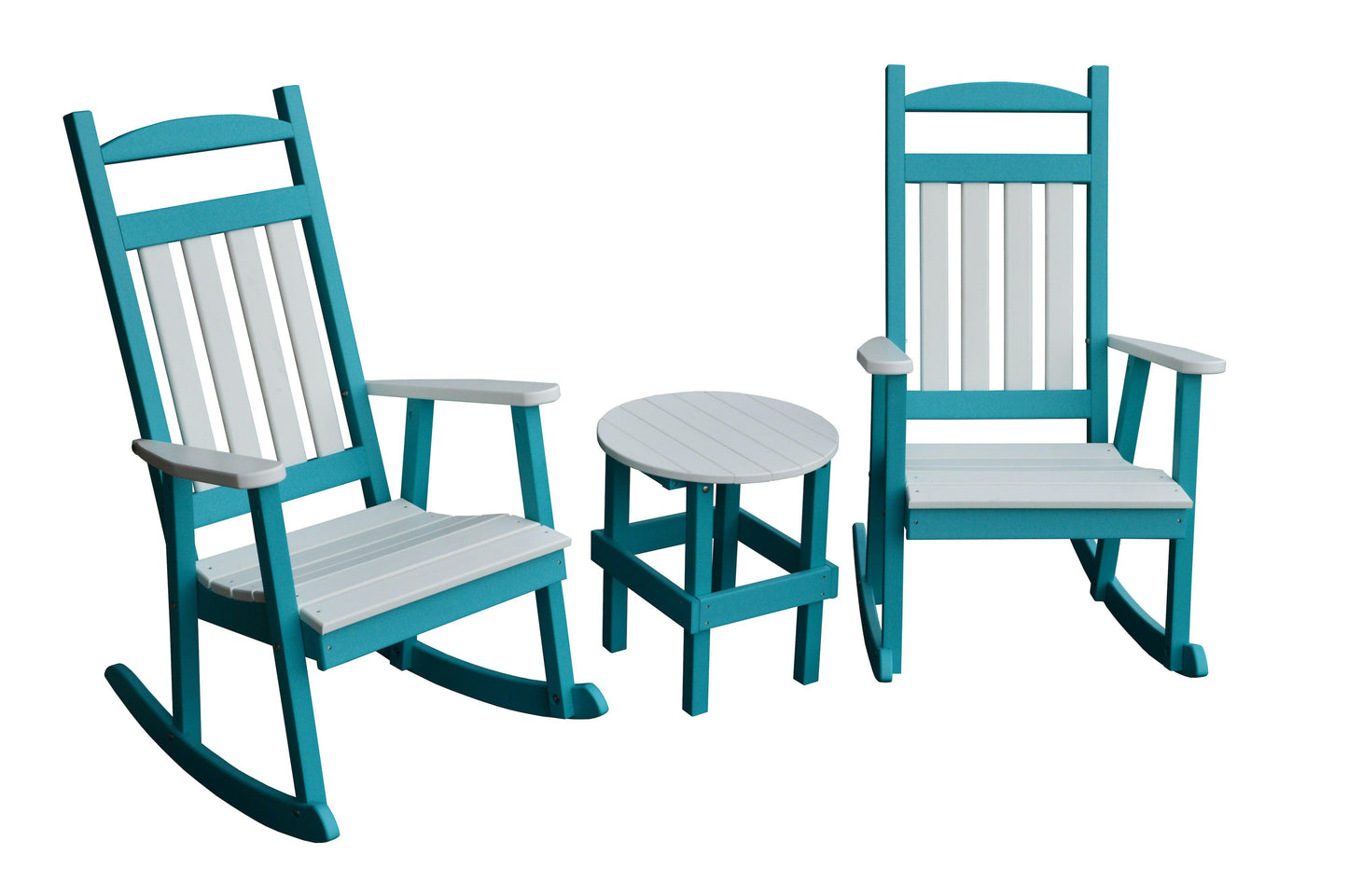 A&L Furniture Company Recycled Plastic 3 Piece Porch Rocking Chair Set w White Accents - LEAD TIME TO SHIP 10 BUSINESS DAYS