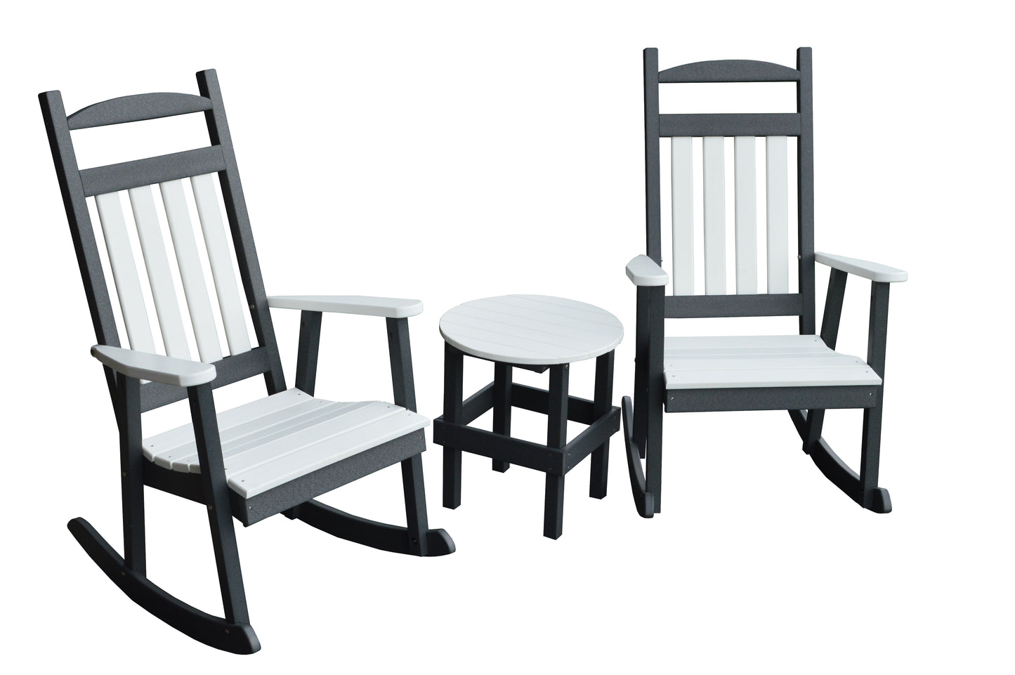 A&L Furniture Company Recycled Plastic 3 Piece Porch Rocking Chair Set w White Accents - LEAD TIME TO SHIP 10 BUSINESS DAYS