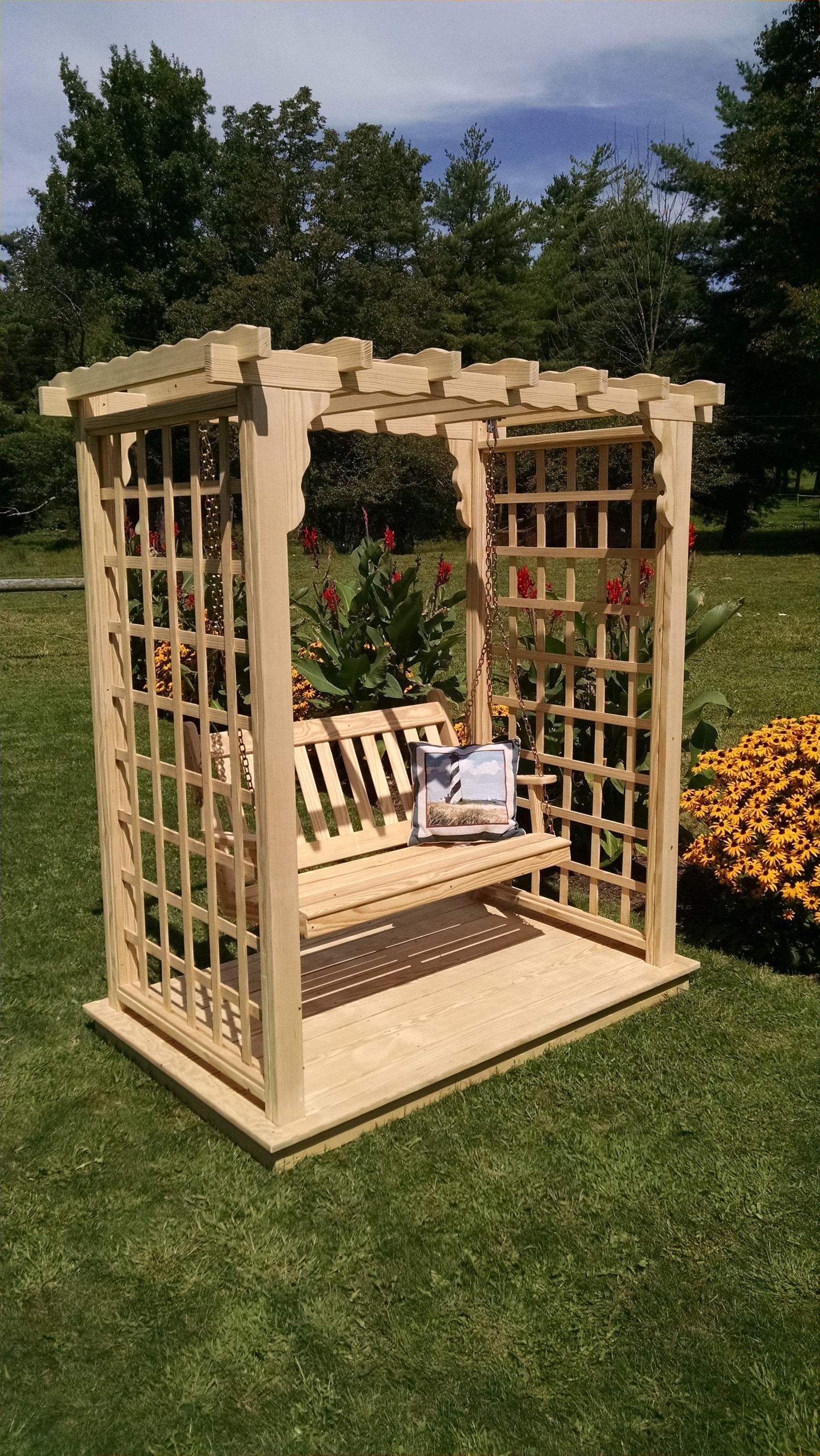 A&L FURNITURE CO. 5' Lexington Pressure Treated Pine Arbor w/ Deck & Swing - LEAD TIME TO SHIP 10 BUSINESS DAYS