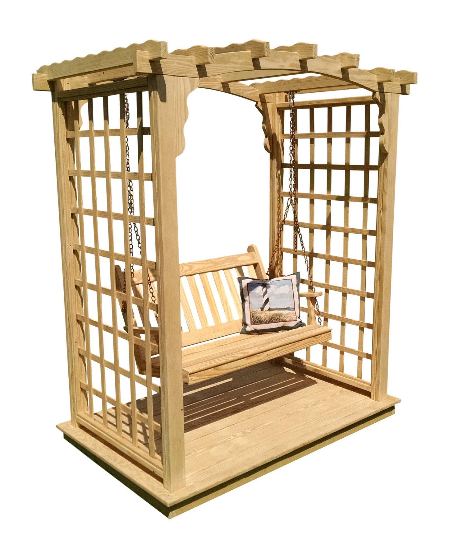 A&L FURNITURE CO. 6' Cambridge Pressure Treated Pine Arbor w/ Deck & Swing - LEAD TIME TO SHIP 10 BUSINESS DAYS