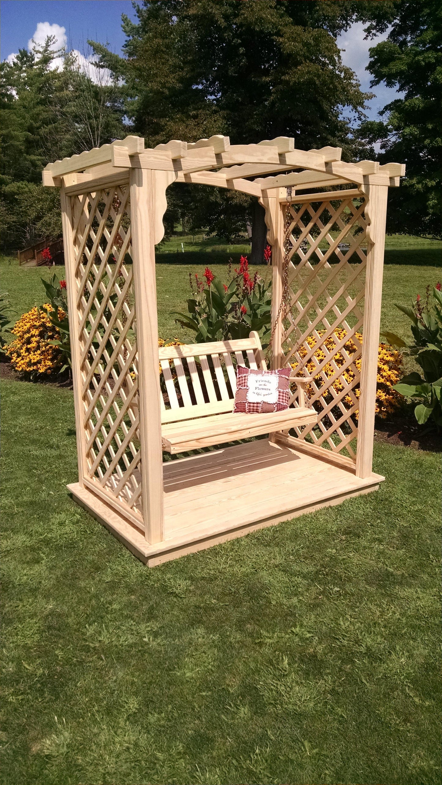 A&L FURNITURE CO. 6' Jamesport Pressure Treated Pine Arbor w/ Deck & Swing - LEAD TIME TO SHIP 10 BUSINESS DAYS