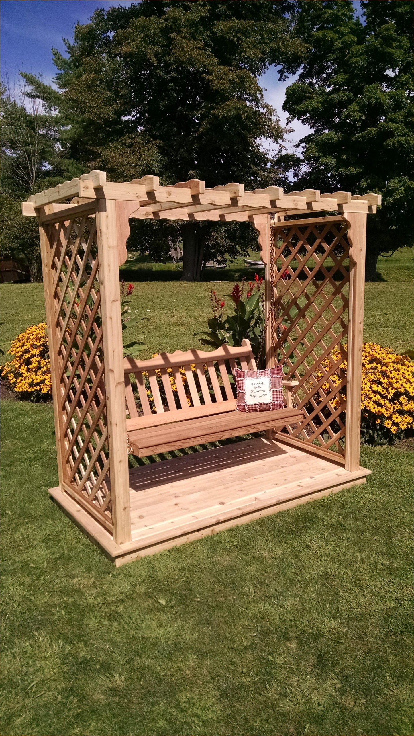 A&L FURNITURE CO. 5' Covington Pressure Treated Pine Arbor w/ Deck & Swing - LEAD TIME TO SHIP 10 BUSINESS DAYS