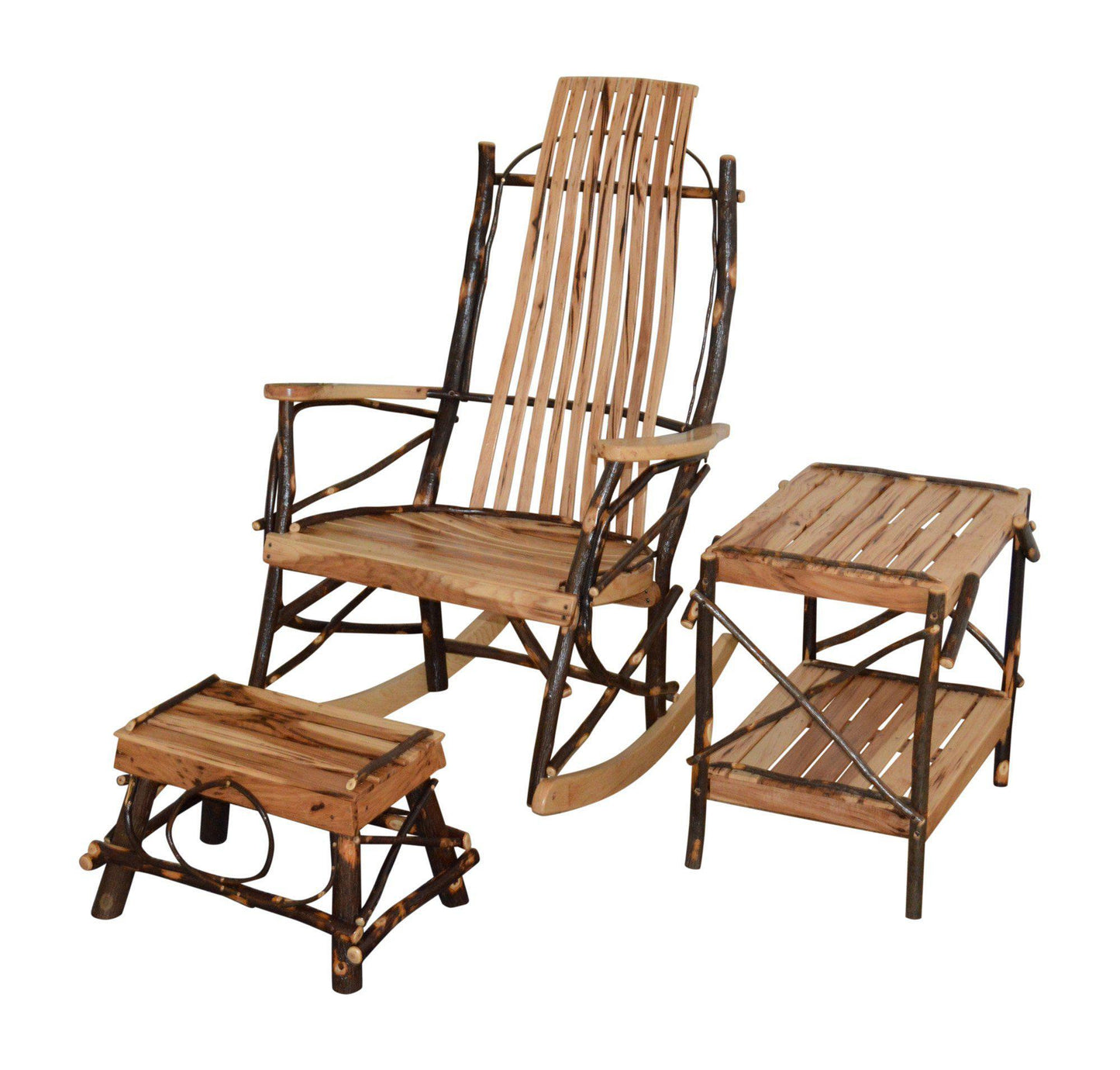 a&l amish bentwood hickory rocker with hickory end table and hickory foot stool rustic set