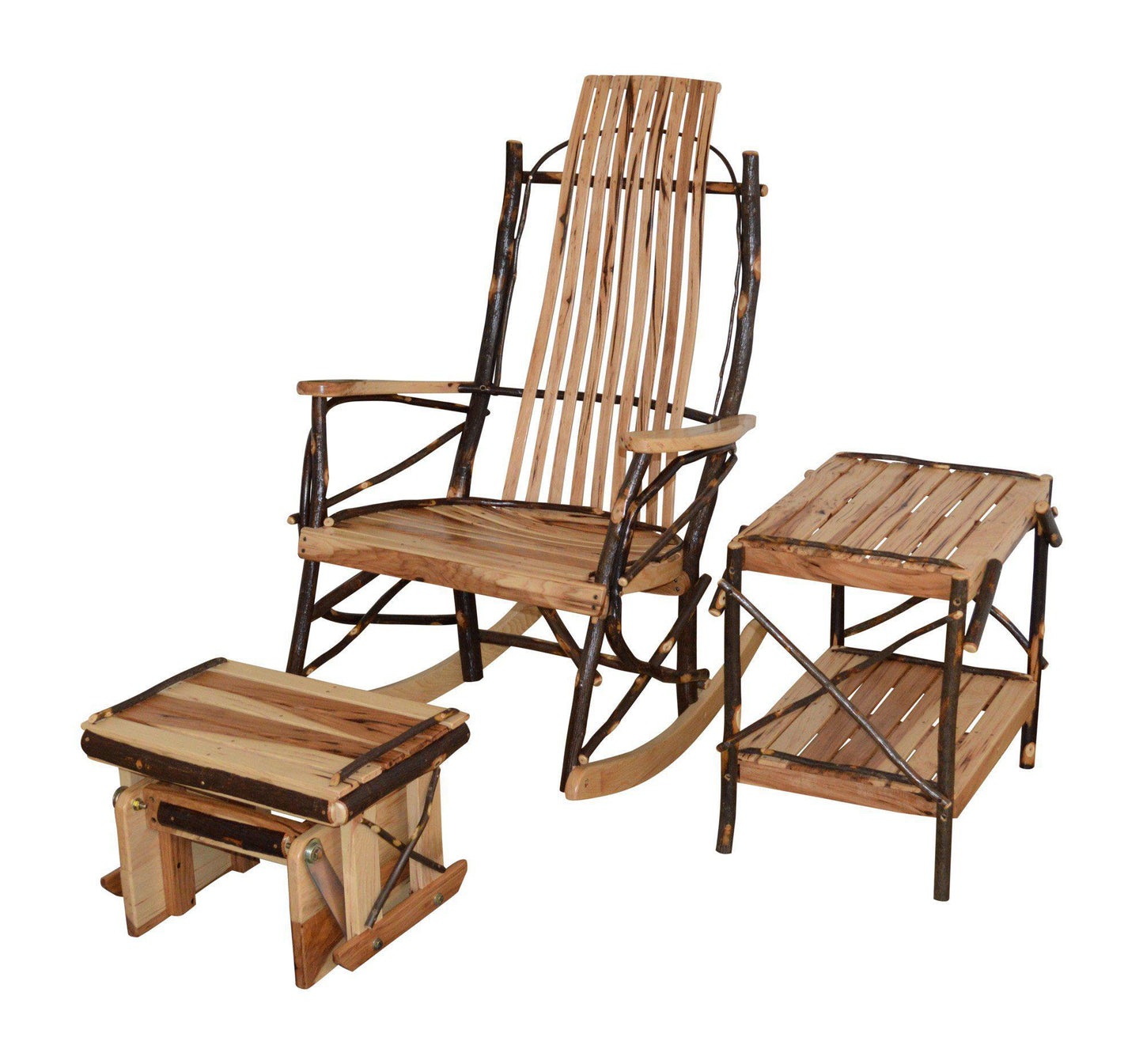 a&l amish bentwood hickory rocker with hickory end table and hickory gliding ottoman rustic set