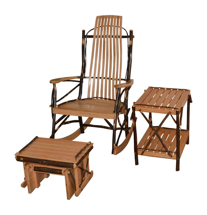 a&l amish bentwood hickory rocker with hickory end table and hickory gliding ottoman natural finish set