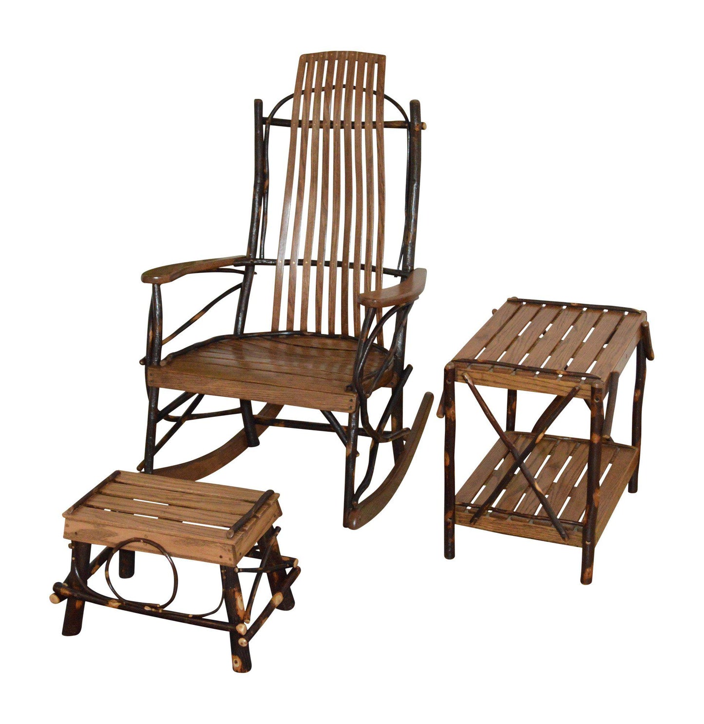 A&L Furniture Co. Amish Bentwood Hickory 9-Slat Rocker Chair w Foot Stool / End Table Set - LEAD TIME TO SHIP 4 WEEKS OR LESS