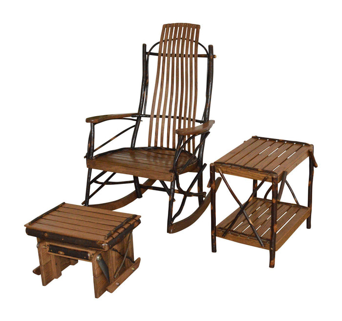 a&l amish bentwood hickory rocker with hickory end table and hickory gliding ottoman walnut finish
