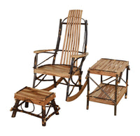 amish rustic hickory rocking chair with foot stool and end table