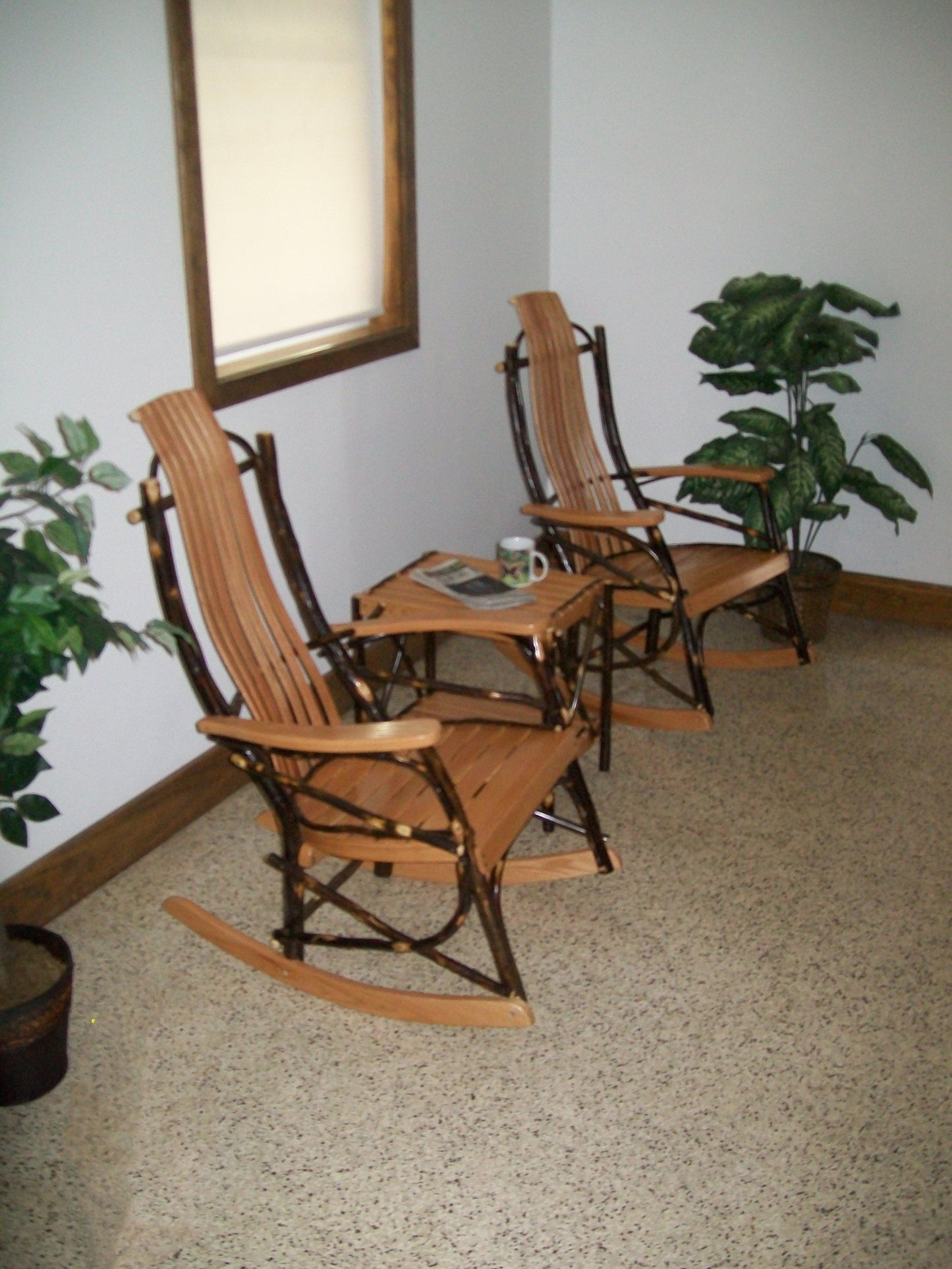 amish hickory rocking chair with end table in natural finish at home