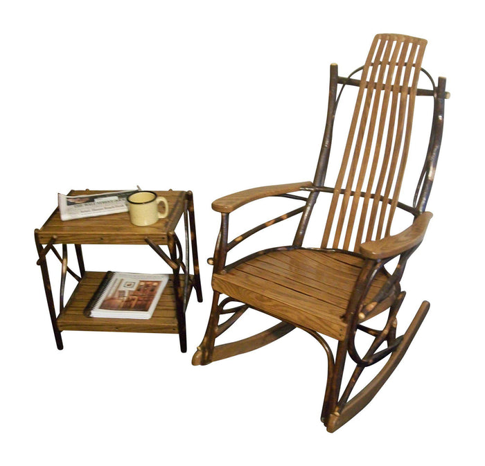 amish hickory rocking chair with end table in walnut finish
