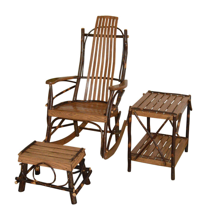 amish hickory rocking dual chair set with end table and foot stool in walnut finish