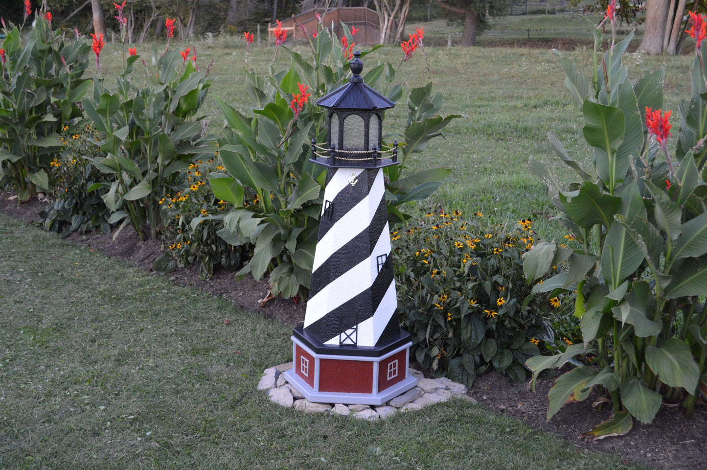 A&L Furniture 44" Tall Cape Hattaras, North Carolina Replica Lighthouse with Base and LED Solar Light - LEAD TIME TO SHIP 2 WEEKS