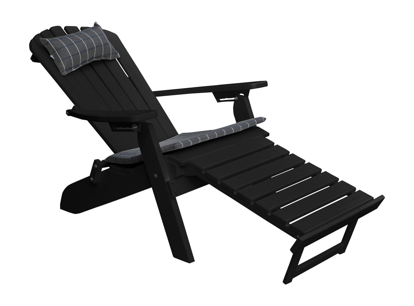 poly folding reclining adirondack chair pullout ottoman black with head pillow and seat cushion