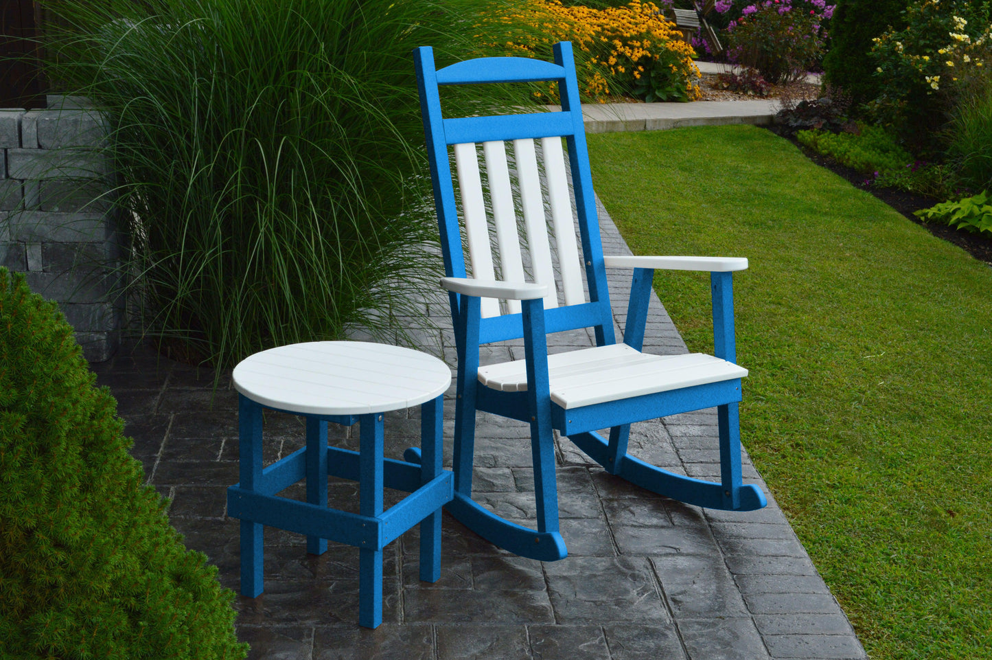 Bryton Park Recycled Plastic Poly Classic Porch Rocking Chair  w White Accents and Round Table - LEAD TIME TO SHIP 10 BUSINESS DAYS