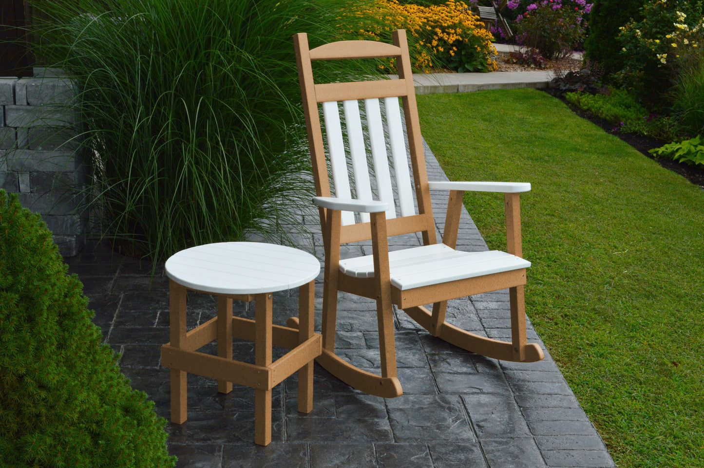 A&L Furniture Company Recycled Plastic Poly Classic Porch Rocking Chair  w White Accents and Round Table - LEAD TIME TO SHIP 10 BUSINESS DAYS