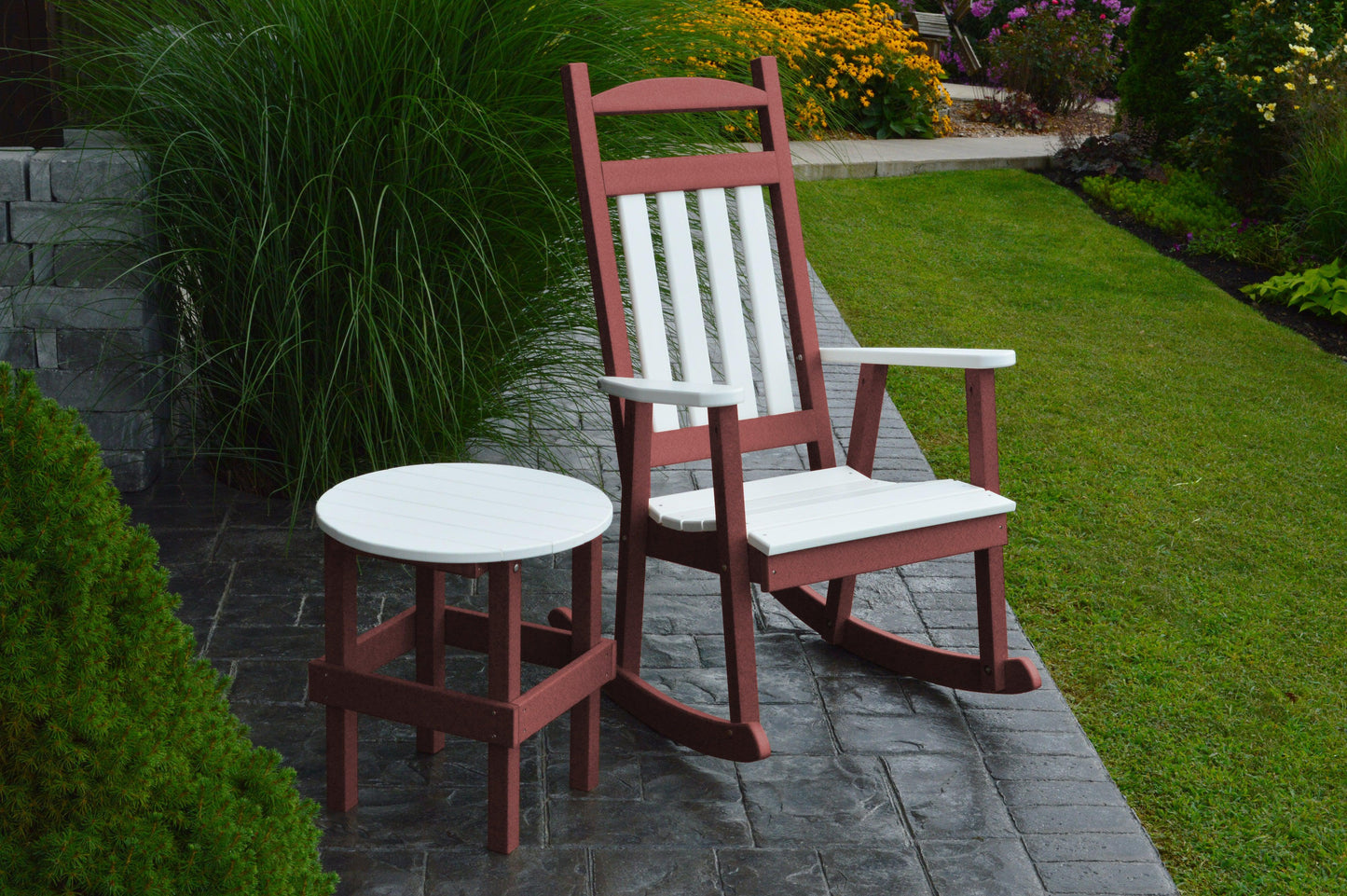 A&L Furniture Company Recycled Plastic Poly Classic Porch Rocking Chair  w White Accents and Round Table - LEAD TIME TO SHIP 10 BUSINESS DAYS