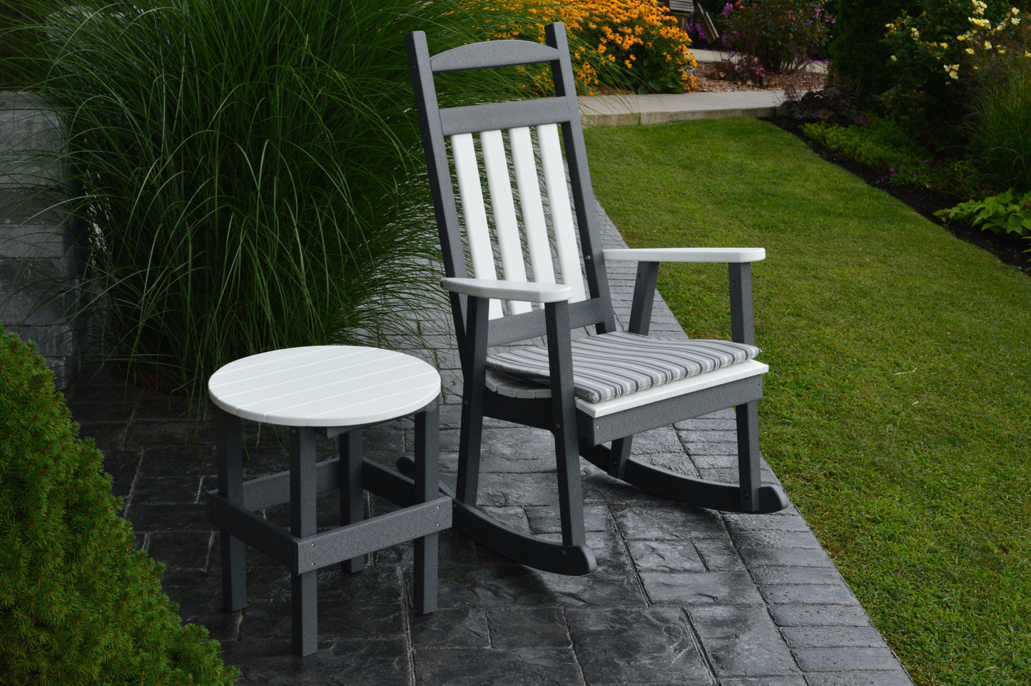 A&L Furniture Company Recycled Plastic Poly Classic Porch Rocking Chair  w White Accents and Round Table - LEAD TIME TO SHIP 10 BUSINESS DAYS