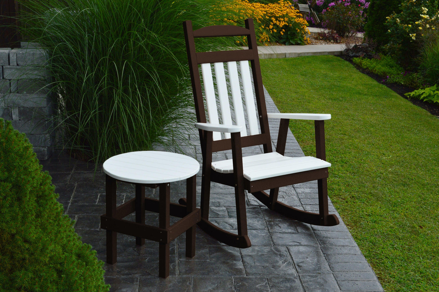 A&L Furniture Company Recycled Plastic Poly Classic Porch Rocking Chair  w White Accents and Round Table - LEAD TIME TO SHIP 10 BUSINESS DAYS