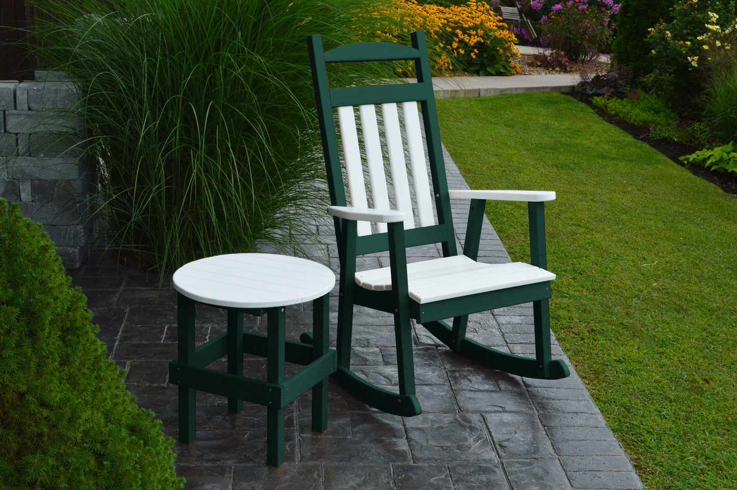 Bryton Park Recycled Plastic Poly Classic Porch Rocking Chair  w White Accents and Round Table - LEAD TIME TO SHIP 10 BUSINESS DAYS