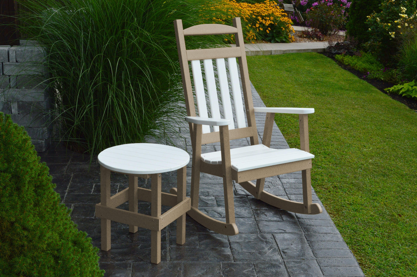 Bryton Park Recycled Plastic Poly Classic Porch Rocking Chair  w White Accents and Round Table - LEAD TIME TO SHIP 10 BUSINESS DAYS