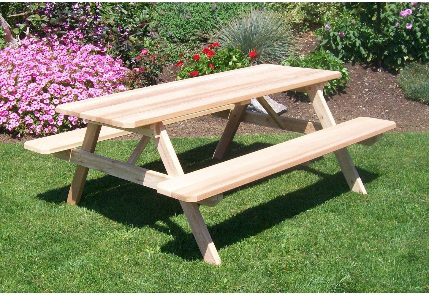 A & L FURNITURE CO. Western Red Cedar 4' Table w/Attached Benches - Specify for FREE 2" Umbrella Hole  - Ships FREE in 5-7 Business days - Rocking Furniture