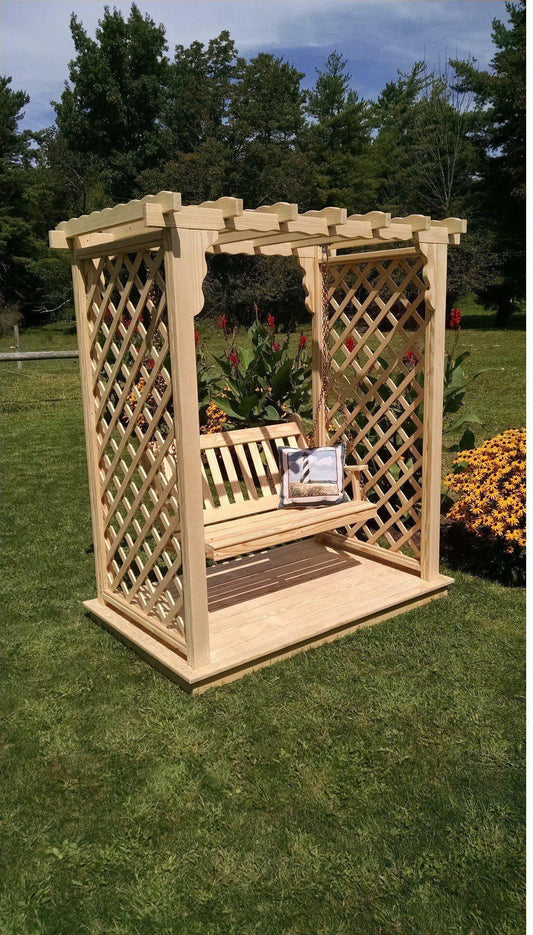 A & L FURNITURE CO. 6' Covington Pressure Treated Pine Arbor w/ Deck & Swing  - Ships FREE in 5-7 Business days - Rocking Furniture