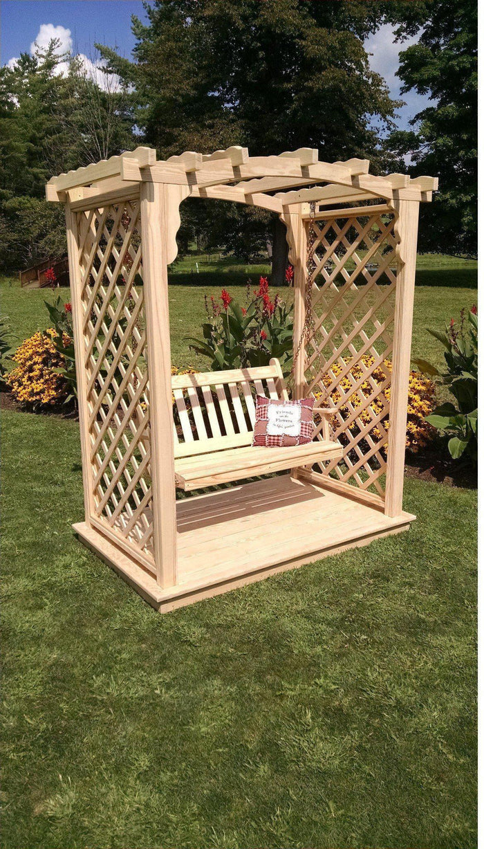 A & L FURNITURE CO. 6' Jamesport Pressure Treated Pine Arbor w/ Deck & Swing  - Ships FREE in 5-7 Business days - Rocking Furniture