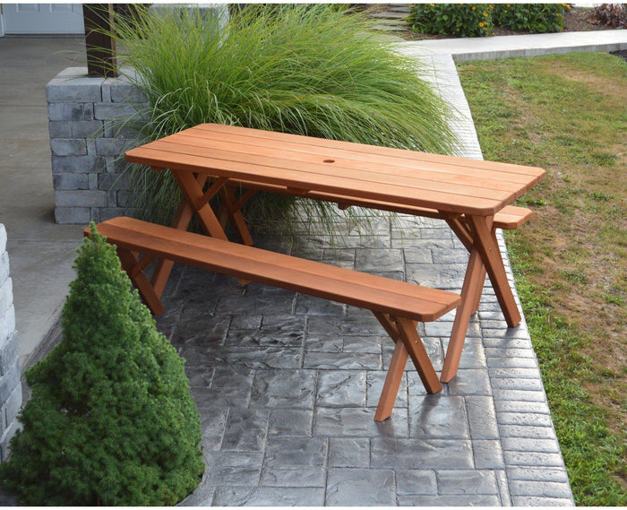 A & L FURNITURE CO. Western Red Cedar  6' Cross-leg Table w/2 Benches - Specify for FREE 2" Umbrella Hole  - Ships FREE in 5-7 Business days - Rocking Furniture