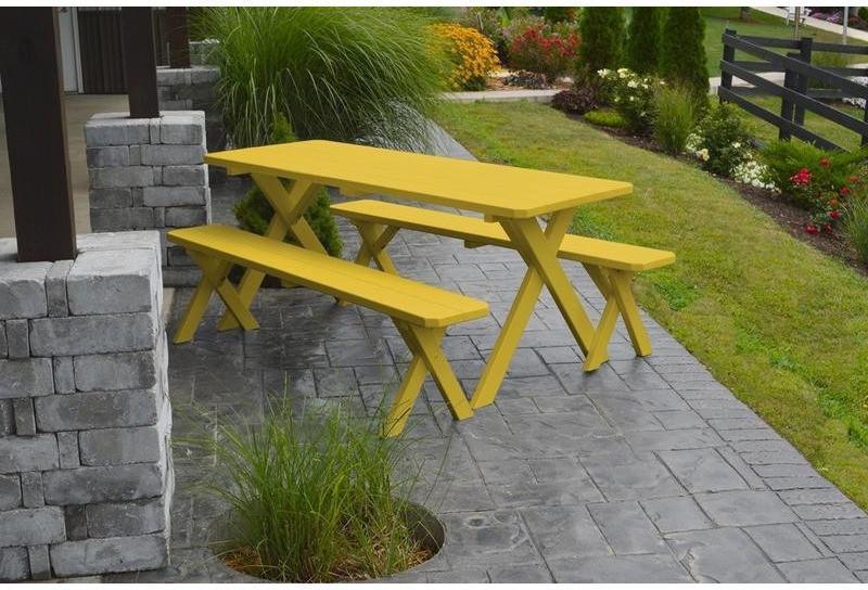 A & L Furniture Co. Yellow Pine 8' Cross-leg Table w/2 Benches - Umbrella Hole  - Ships FREE in 5-7 Business days - Rocking Furniture