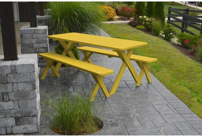 A & L Furniture Co. Yellow Pine 8' Cross-leg Table w/2 Benches - Umbrella Hole  - Ships FREE in 5-7 Business days - Rocking Furniture